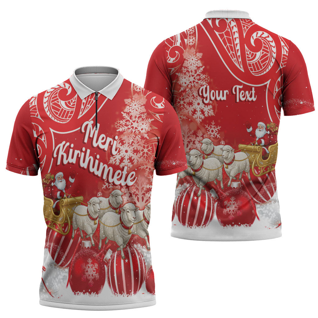 New Zealand Christmas In July Personalised Zipper Polo Shirt Funny Santa Sheep Meri Kirihimete Red