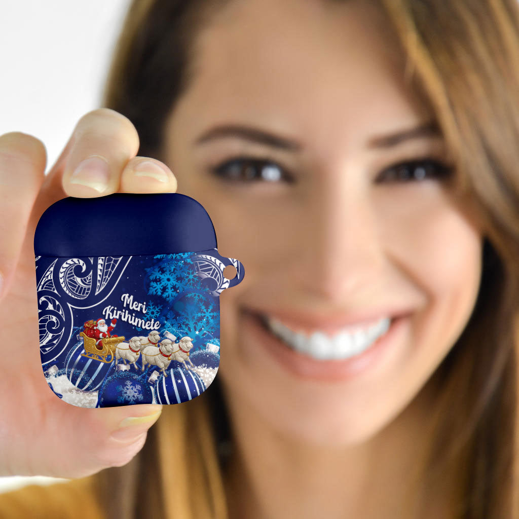 New Zealand Christmas In July AirPods Case Funny Santa Sheep Meri Kirihimete Blue