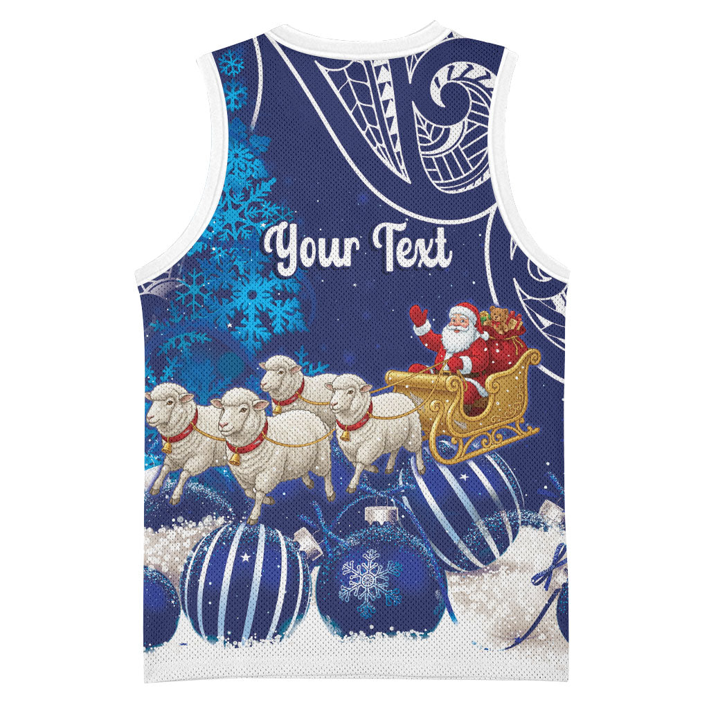 New Zealand Christmas In July Personalised Basketball Jersey Funny Santa Sheep Meri Kirihimete Blue