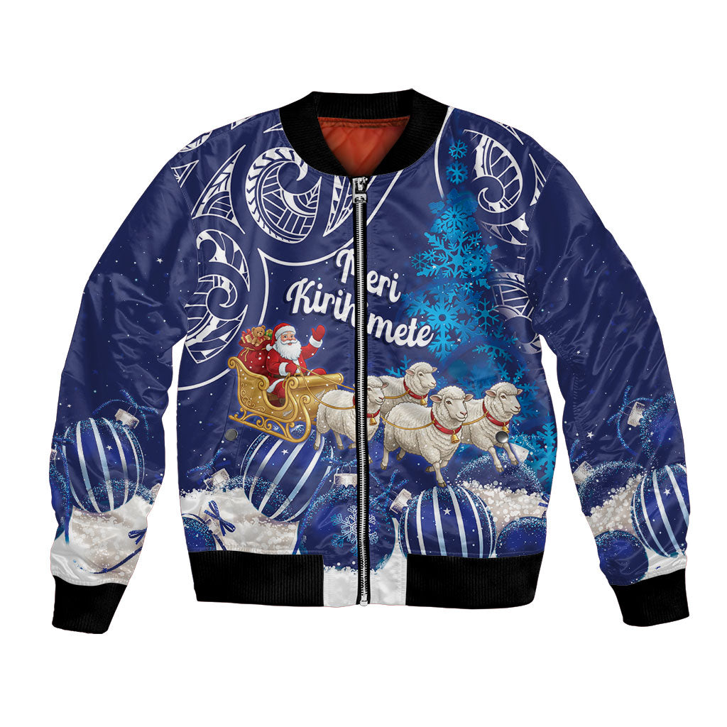 New Zealand Christmas In July Personalised Bomber Jacket Funny Santa Sheep Meri Kirihimete Blue LT14 Unisex Blue - Polynesian Pride