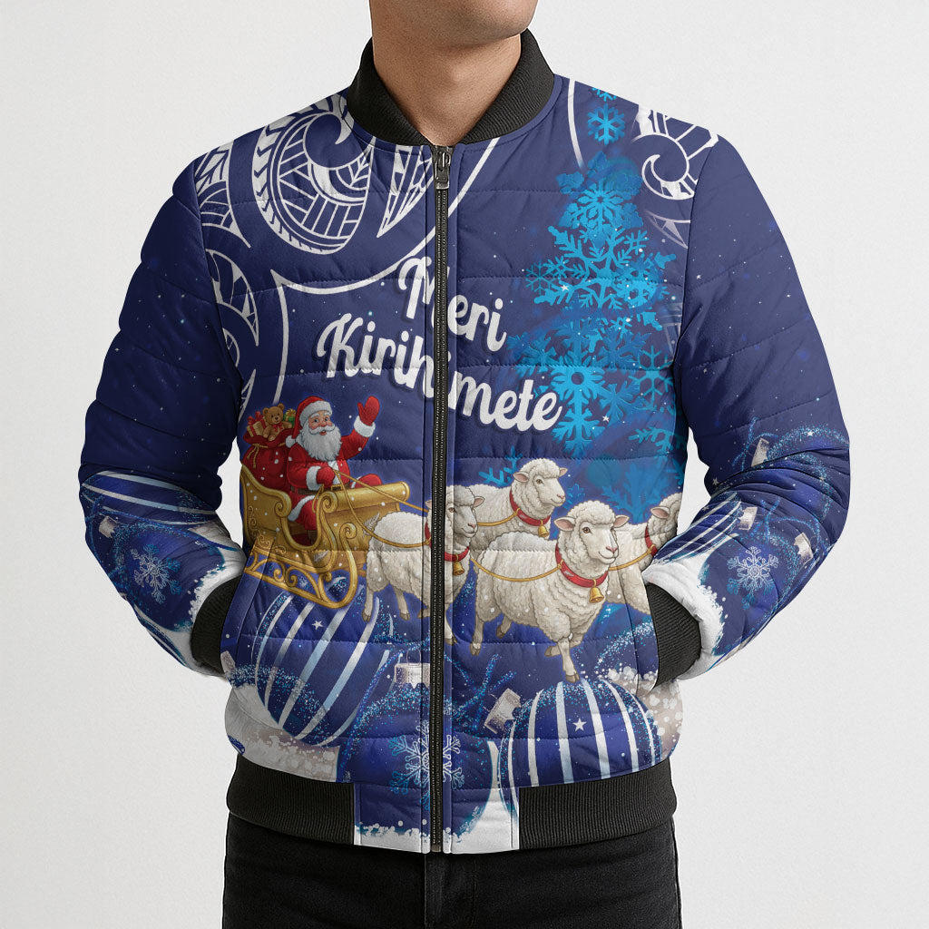 New Zealand Christmas In July Personalised Bomber Puffer Jacket Funny Santa Sheep Meri Kirihimete Blue