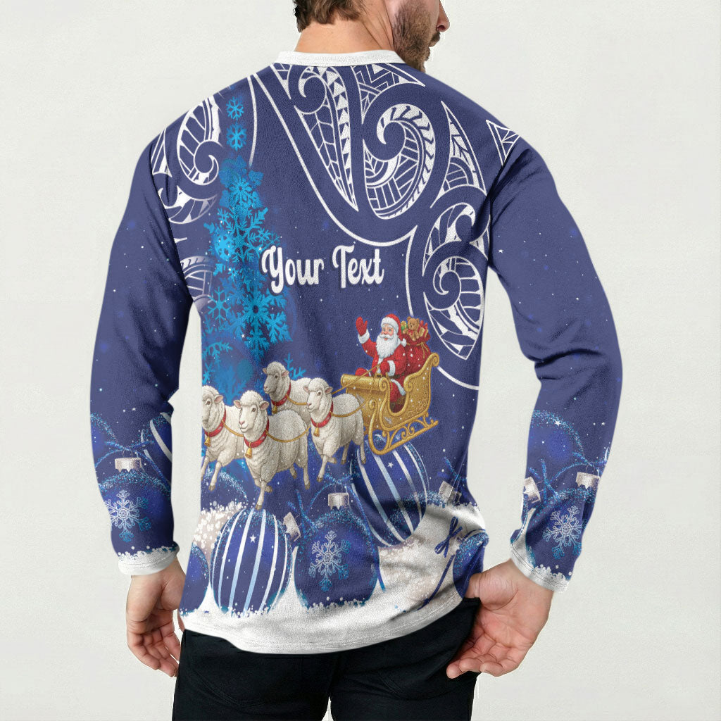 New Zealand Christmas In July Personalised Button Sweatshirt Funny Santa Sheep Meri Kirihimete Blue