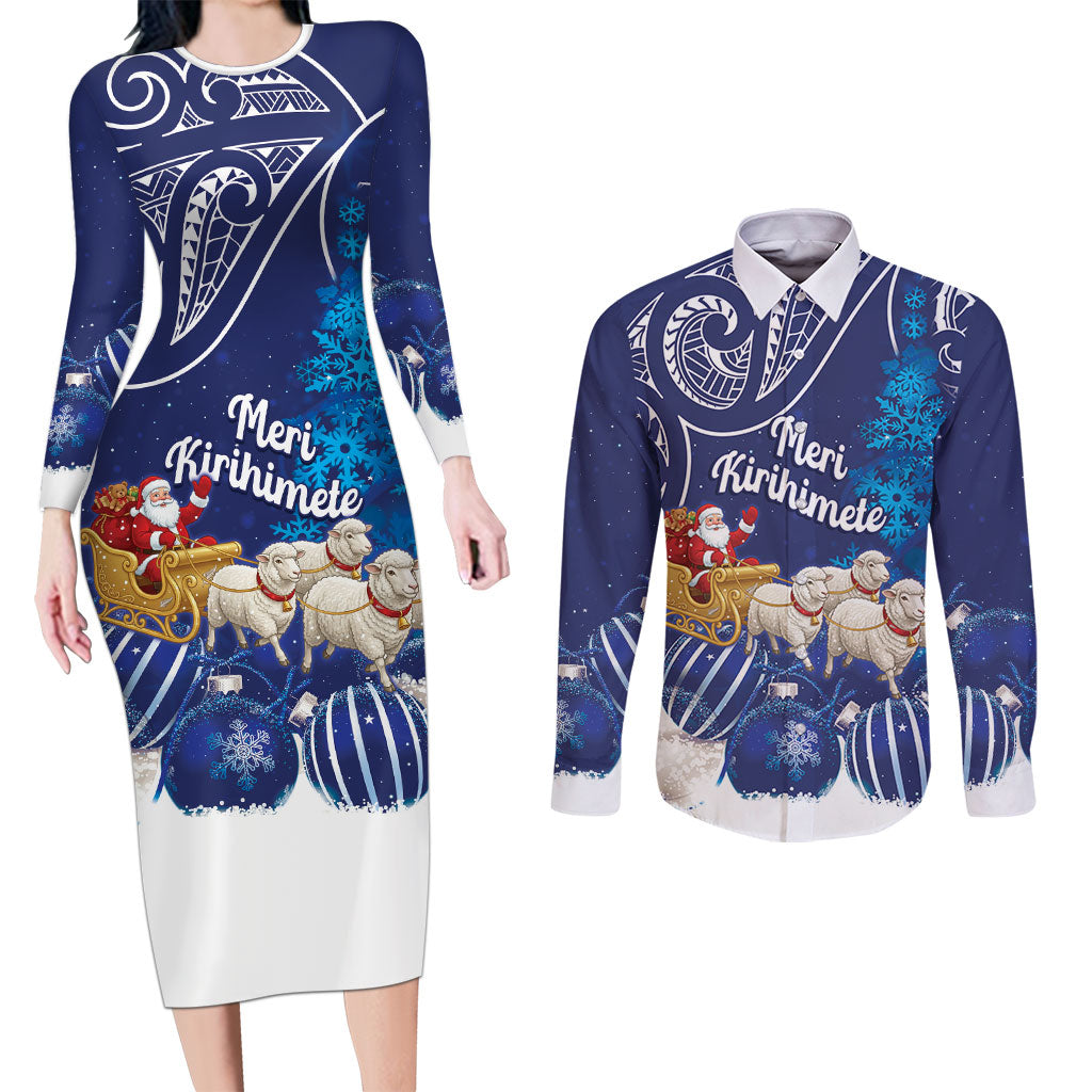 New Zealand Christmas In July Personalised Couples Matching Long Sleeve Bodycon Dress and Long Sleeve Button Shirt Funny Santa Sheep Meri Kirihimete Blue LT14 Blue - Polynesian Pride