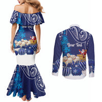 New Zealand Christmas In July Personalised Couples Matching Mermaid Dress and Long Sleeve Button Shirt Funny Santa Sheep Meri Kirihimete Blue