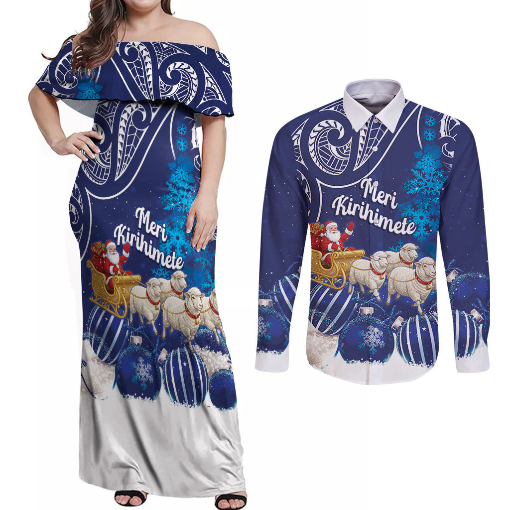 New Zealand Christmas In July Personalised Couples Matching Off Shoulder Maxi Dress and Long Sleeve Button Shirt Funny Santa Sheep Meri Kirihimete Blue