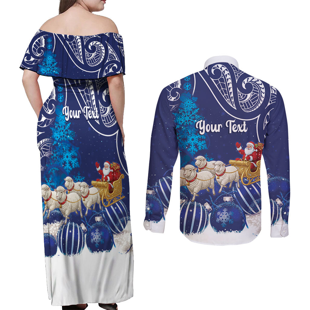 New Zealand Christmas In July Personalised Couples Matching Off Shoulder Maxi Dress and Long Sleeve Button Shirt Funny Santa Sheep Meri Kirihimete Blue