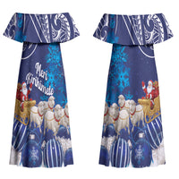 New Zealand Christmas In July Personalised Couples Matching Off Shoulder Maxi Dress and Long Sleeve Button Shirt Funny Santa Sheep Meri Kirihimete Blue LT14 - Polynesian Pride