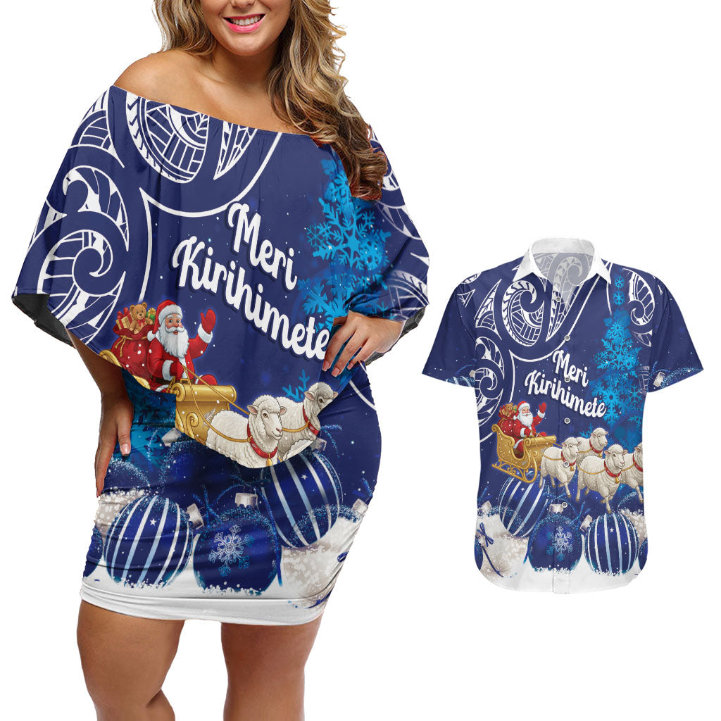 New Zealand Christmas In July Personalised Couples Matching Off Shoulder Short Dress and Hawaiian Shirt Funny Santa Sheep Meri Kirihimete Blue LT14 Blue - Polynesian Pride