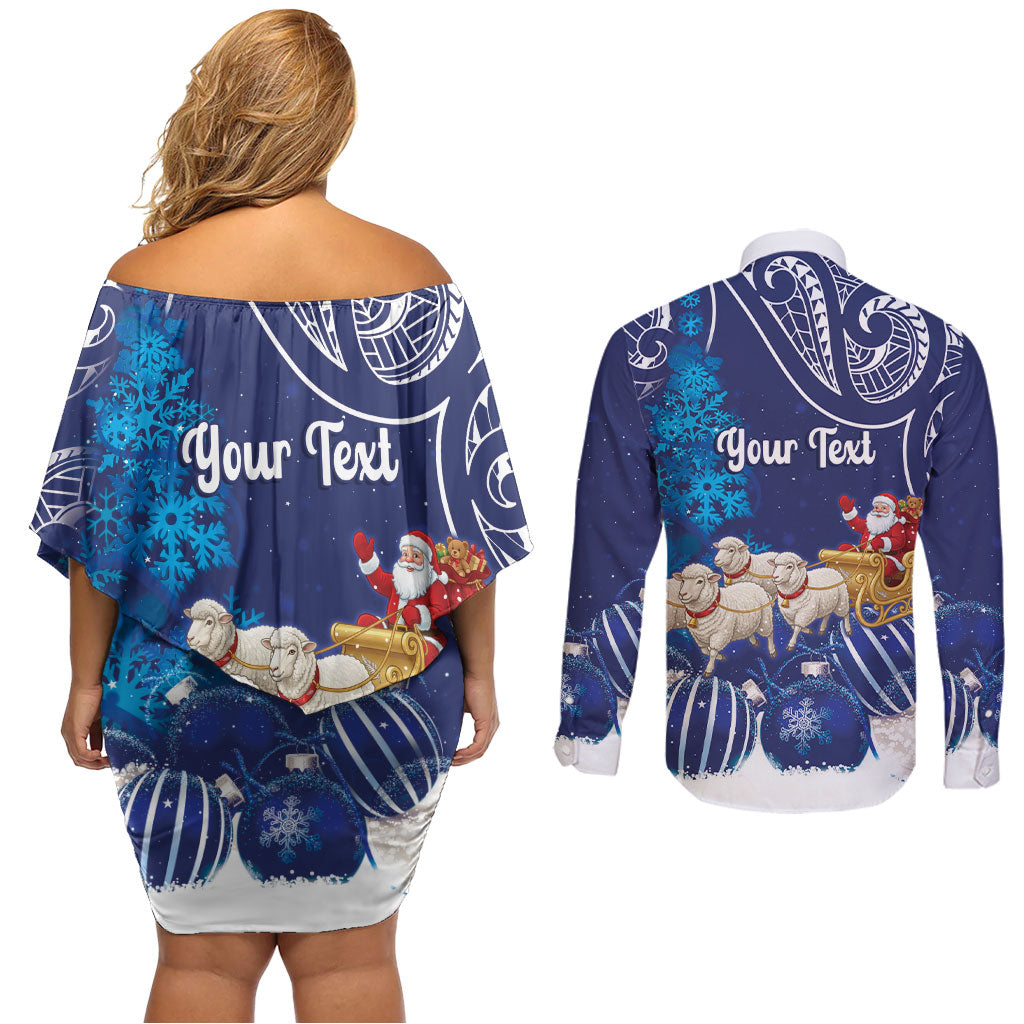 New Zealand Christmas In July Personalised Couples Matching Off Shoulder Short Dress and Long Sleeve Button Shirt Funny Santa Sheep Meri Kirihimete Blue