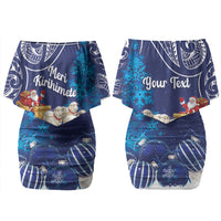 New Zealand Christmas In July Personalised Couples Matching Off Shoulder Short Dress and Long Sleeve Button Shirt Funny Santa Sheep Meri Kirihimete Blue LT14 - Polynesian Pride