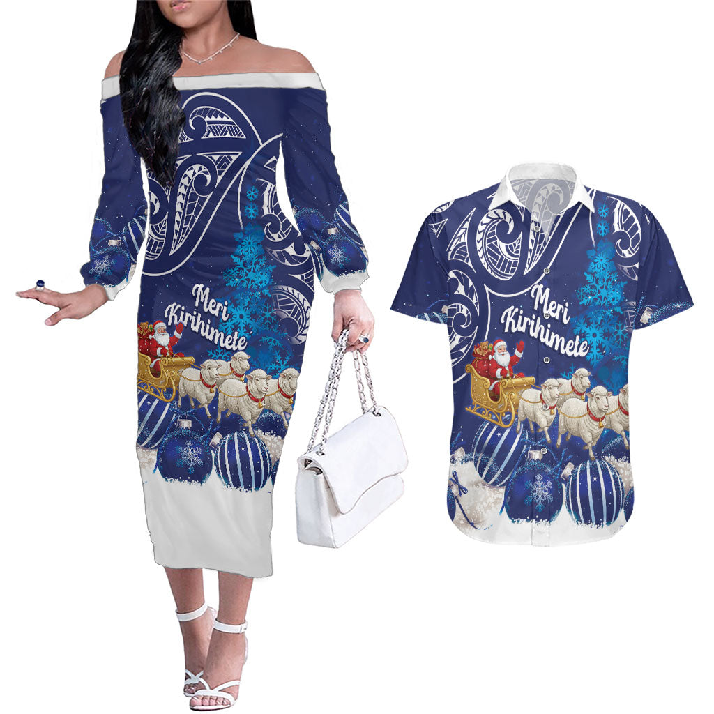 New Zealand Christmas In July Personalised Couples Matching Off The Shoulder Long Sleeve Dress and Hawaiian Shirt Funny Santa Sheep Meri Kirihimete Blue LT14 Blue - Polynesian Pride