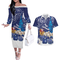 New Zealand Christmas In July Personalised Couples Matching Off The Shoulder Long Sleeve Dress and Hawaiian Shirt Funny Santa Sheep Meri Kirihimete Blue