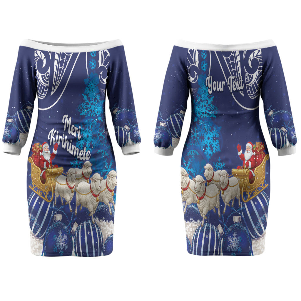 New Zealand Christmas In July Personalised Couples Matching Off The Shoulder Long Sleeve Dress and Long Sleeve Button Shirt Funny Santa Sheep Meri Kirihimete Blue LT14 - Polynesian Pride