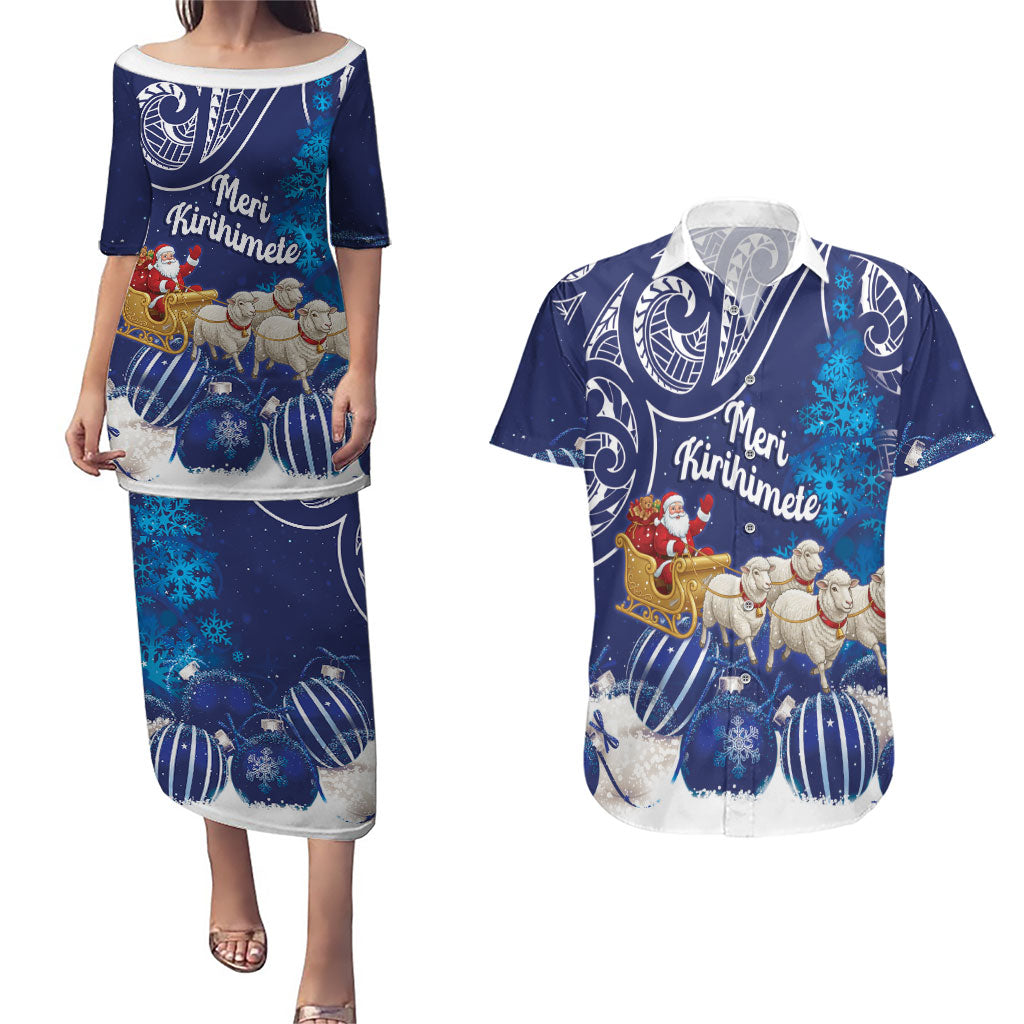 New Zealand Christmas In July Personalised Couples Matching Puletasi and Hawaiian Shirt Funny Santa Sheep Meri Kirihimete Blue