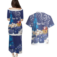 New Zealand Christmas In July Personalised Couples Matching Puletasi and Hawaiian Shirt Funny Santa Sheep Meri Kirihimete Blue