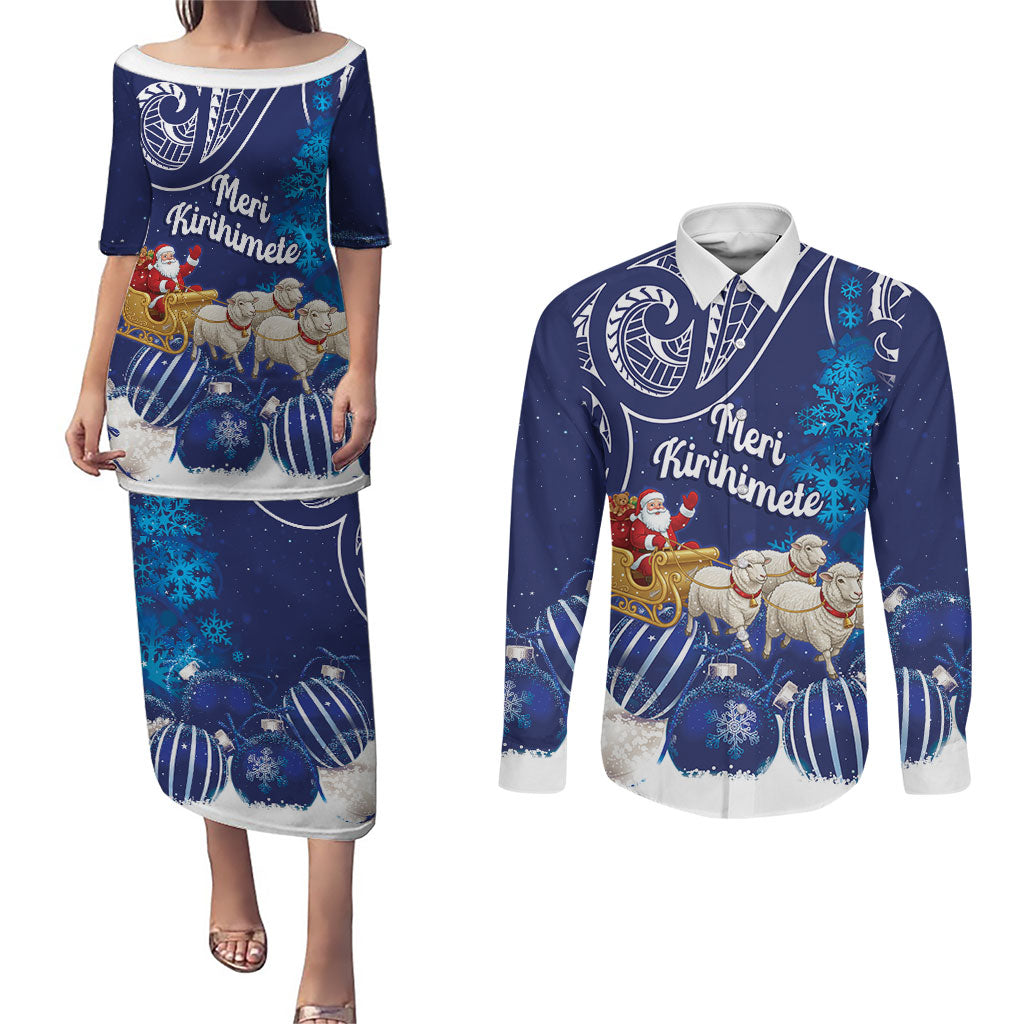 New Zealand Christmas In July Personalised Couples Matching Puletasi and Long Sleeve Button Shirt Funny Santa Sheep Meri Kirihimete Blue