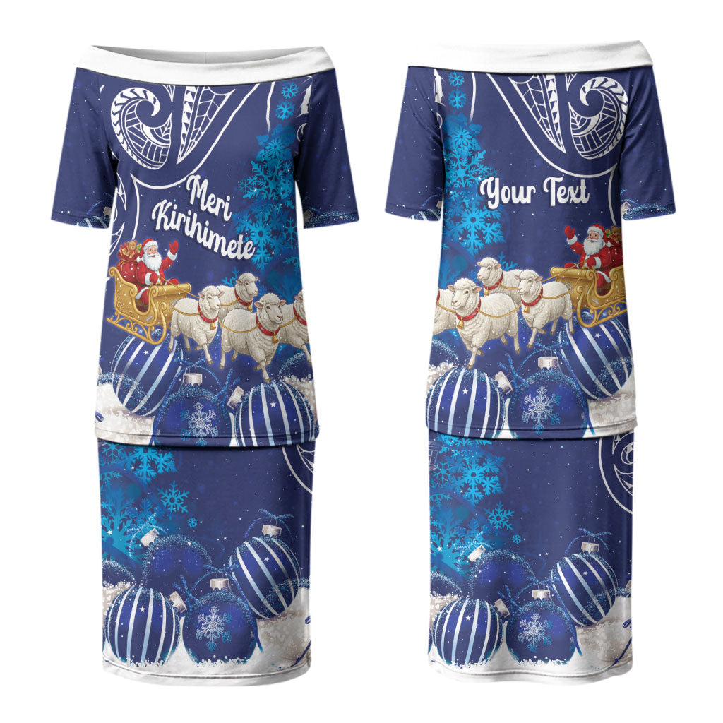 New Zealand Christmas In July Personalised Couples Matching Puletasi and Long Sleeve Button Shirt Funny Santa Sheep Meri Kirihimete Blue LT14 - Polynesian Pride
