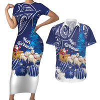 New Zealand Christmas In July Personalised Couples Matching Short Sleeve Bodycon Dress and Hawaiian Shirt Funny Santa Sheep Meri Kirihimete Blue