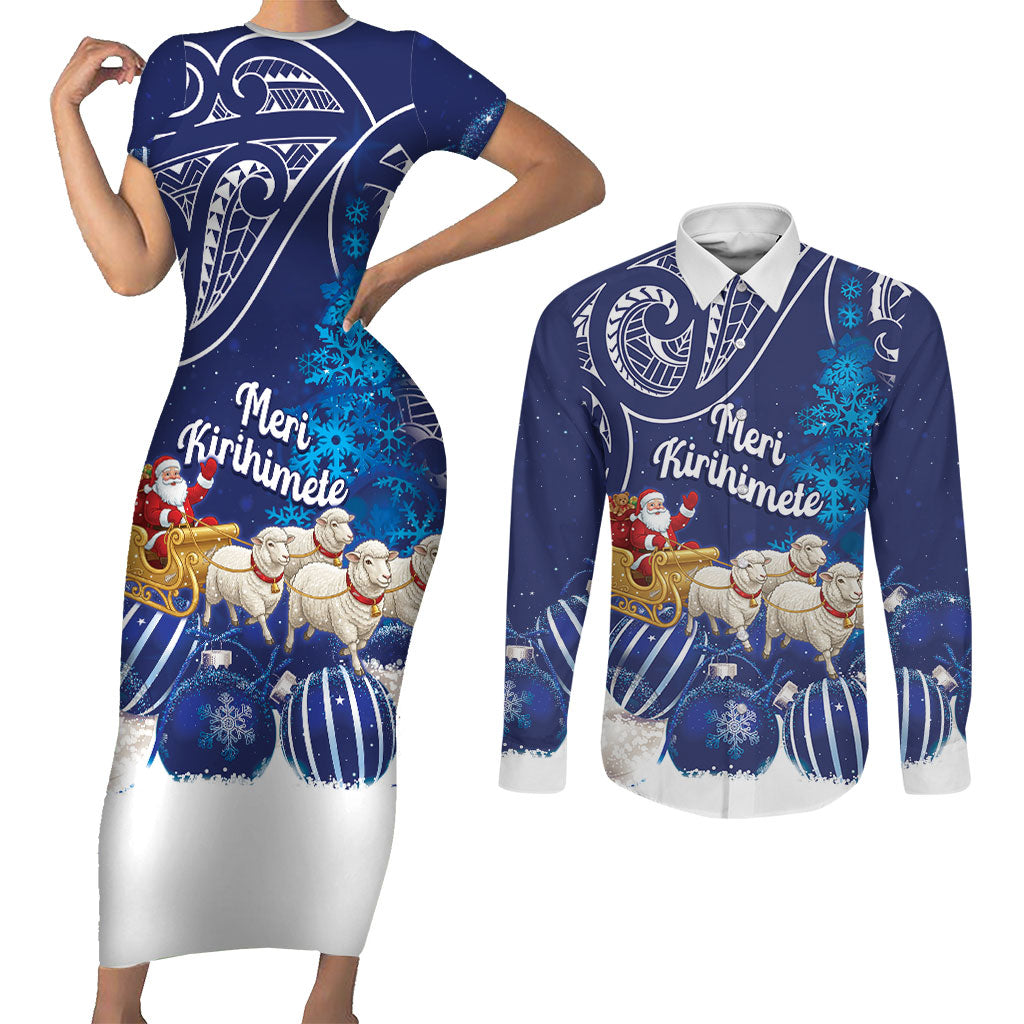 New Zealand Christmas In July Personalised Couples Matching Short Sleeve Bodycon Dress and Long Sleeve Button Shirt Funny Santa Sheep Meri Kirihimete Blue