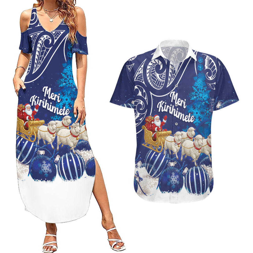 New Zealand Christmas In July Personalised Couples Matching Summer Maxi Dress and Hawaiian Shirt Funny Santa Sheep Meri Kirihimete Blue
