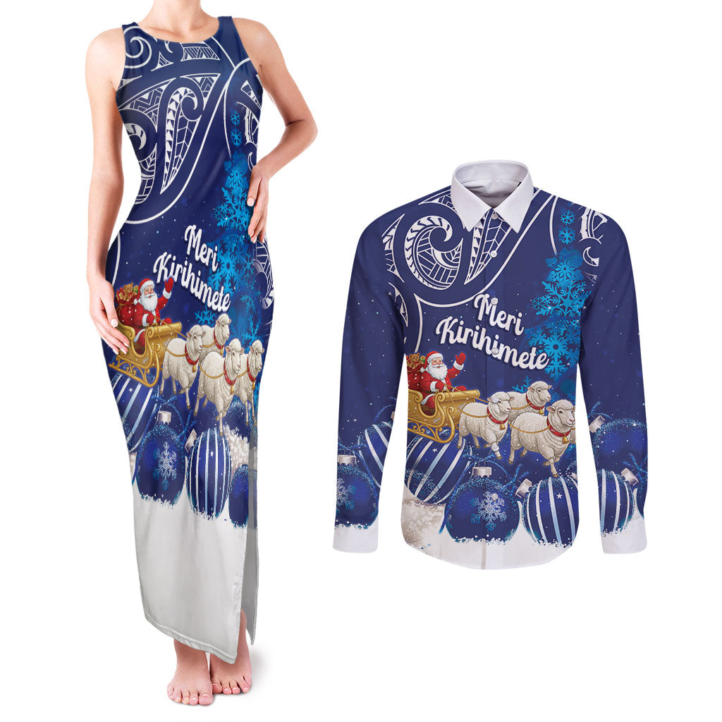 New Zealand Christmas In July Personalised Couples Matching Tank Maxi Dress and Long Sleeve Button Shirt Funny Santa Sheep Meri Kirihimete Blue