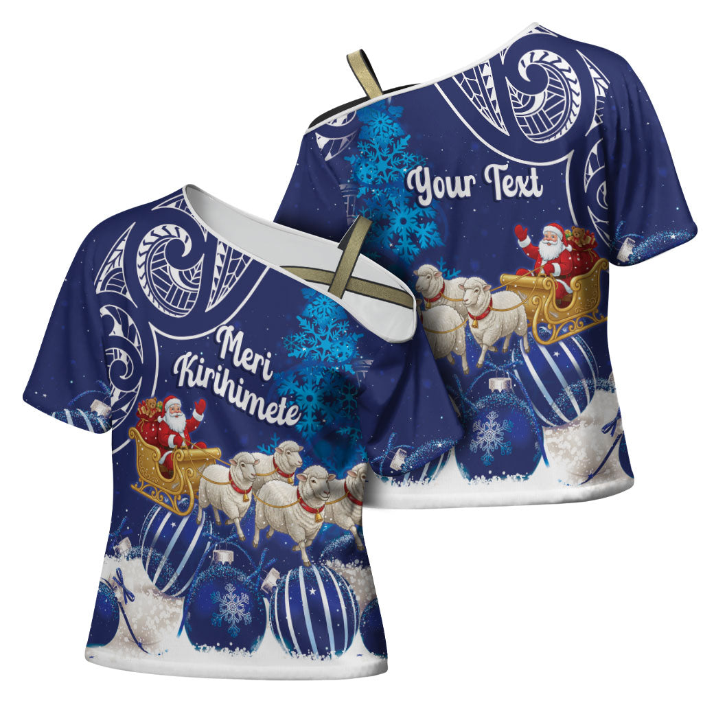 New Zealand Christmas In July Personalised Cross Shoulder Shirt Funny Santa Sheep Meri Kirihimete Blue