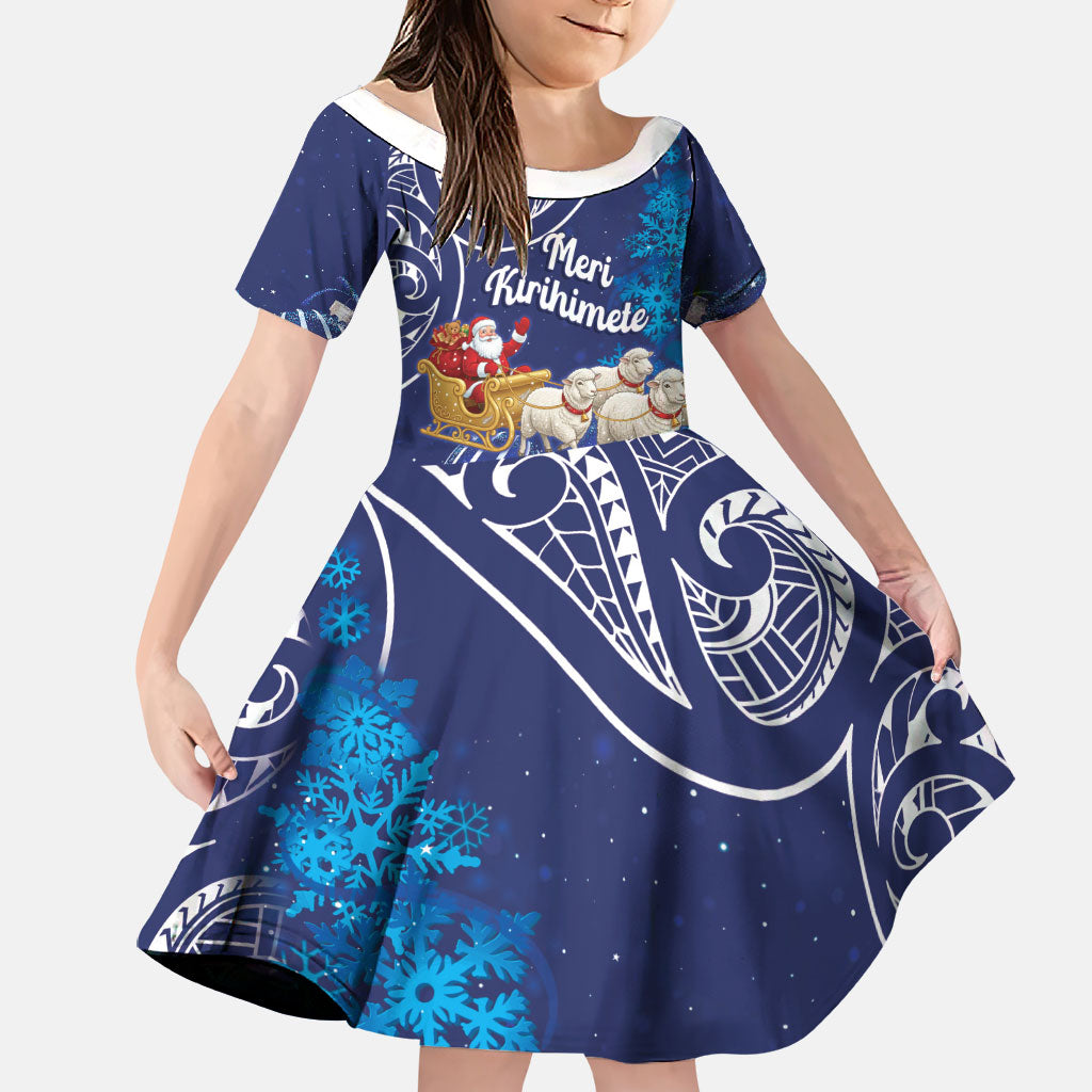 New Zealand Christmas In July Personalised Family Matching Off The Shoulder Long Sleeve Dress and Hawaiian Shirt Funny Santa Sheep Meri Kirihimete Blue