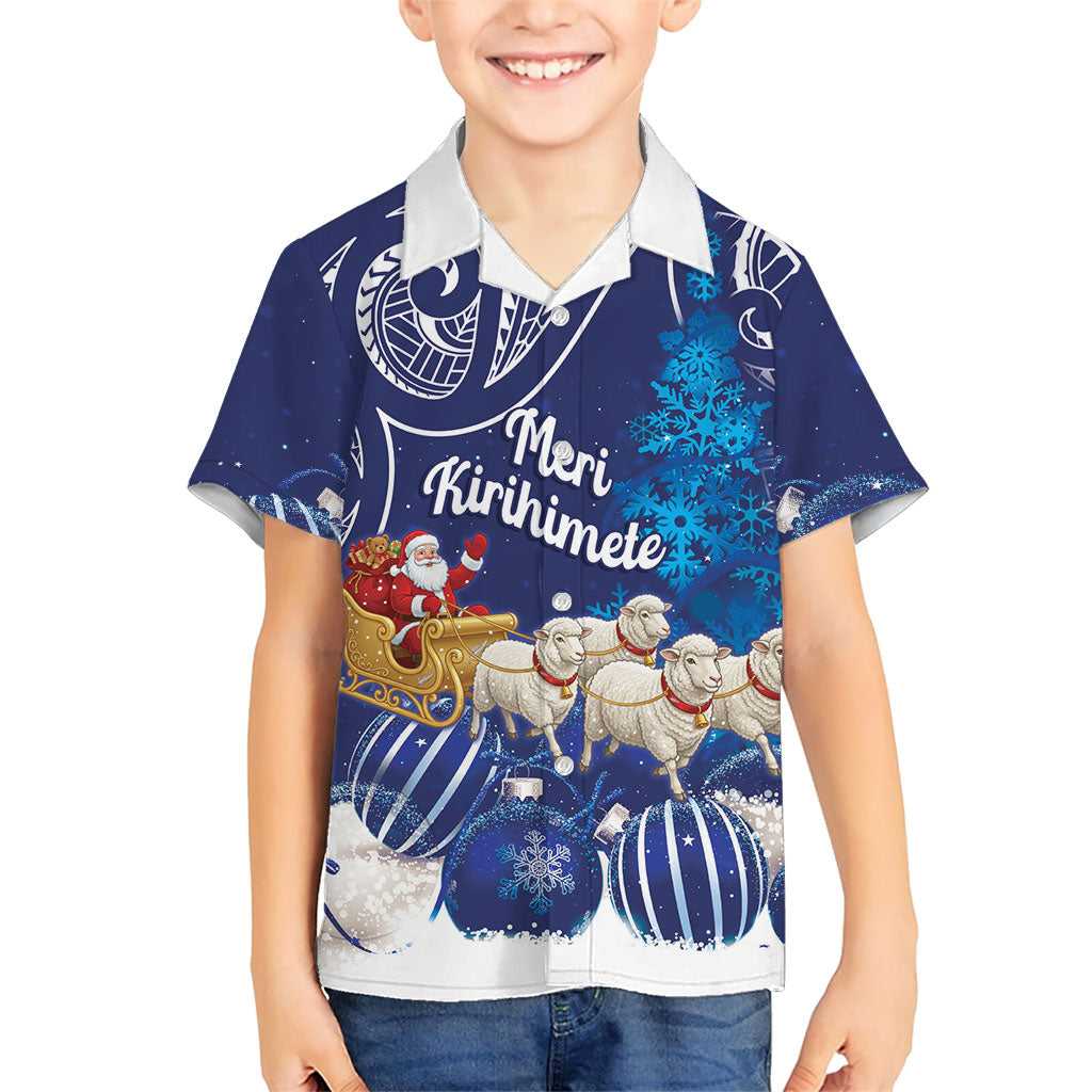 New Zealand Christmas In July Personalised Family Matching Off The Shoulder Long Sleeve Dress and Hawaiian Shirt Funny Santa Sheep Meri Kirihimete Blue