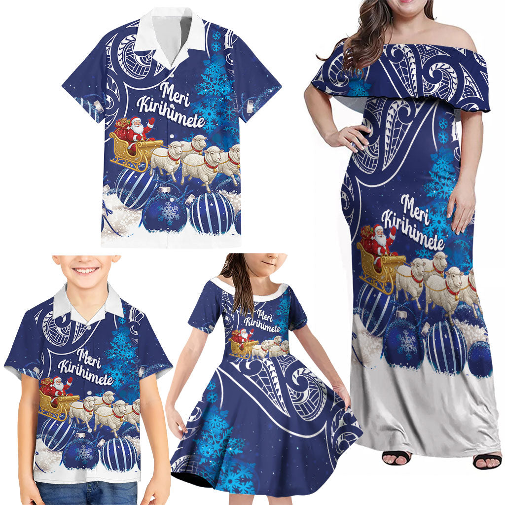 New Zealand Christmas In July Personalised Family Matching Off Shoulder Maxi Dress and Hawaiian Shirt Funny Santa Sheep Meri Kirihimete Blue LT14 - Polynesian Pride