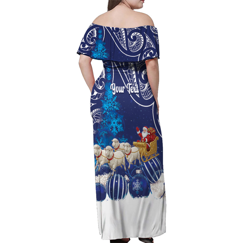 New Zealand Christmas In July Personalised Family Matching Off Shoulder Maxi Dress and Hawaiian Shirt Funny Santa Sheep Meri Kirihimete Blue