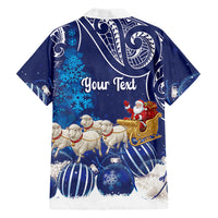 New Zealand Christmas In July Personalised Family Matching Off Shoulder Short Dress and Hawaiian Shirt Funny Santa Sheep Meri Kirihimete Blue