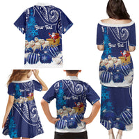 New Zealand Christmas In July Personalised Family Matching Puletasi and Hawaiian Shirt Funny Santa Sheep Meri Kirihimete Blue
