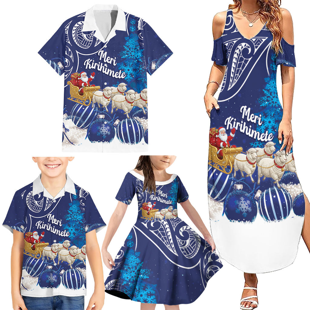 New Zealand Christmas In July Personalised Family Matching Summer Maxi Dress and Hawaiian Shirt Funny Santa Sheep Meri Kirihimete Blue