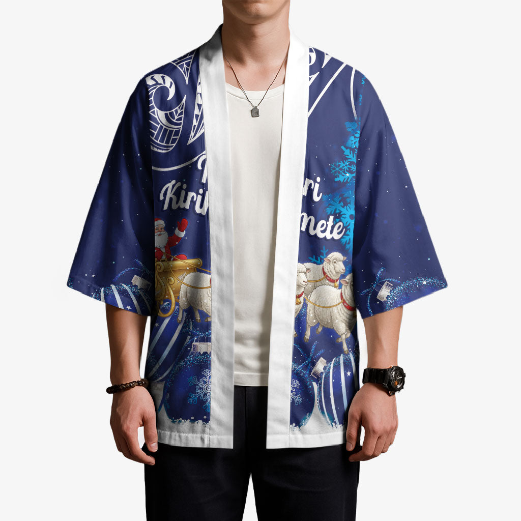 New Zealand Christmas In July Personalised Kimono Funny Santa Sheep Meri Kirihimete Blue