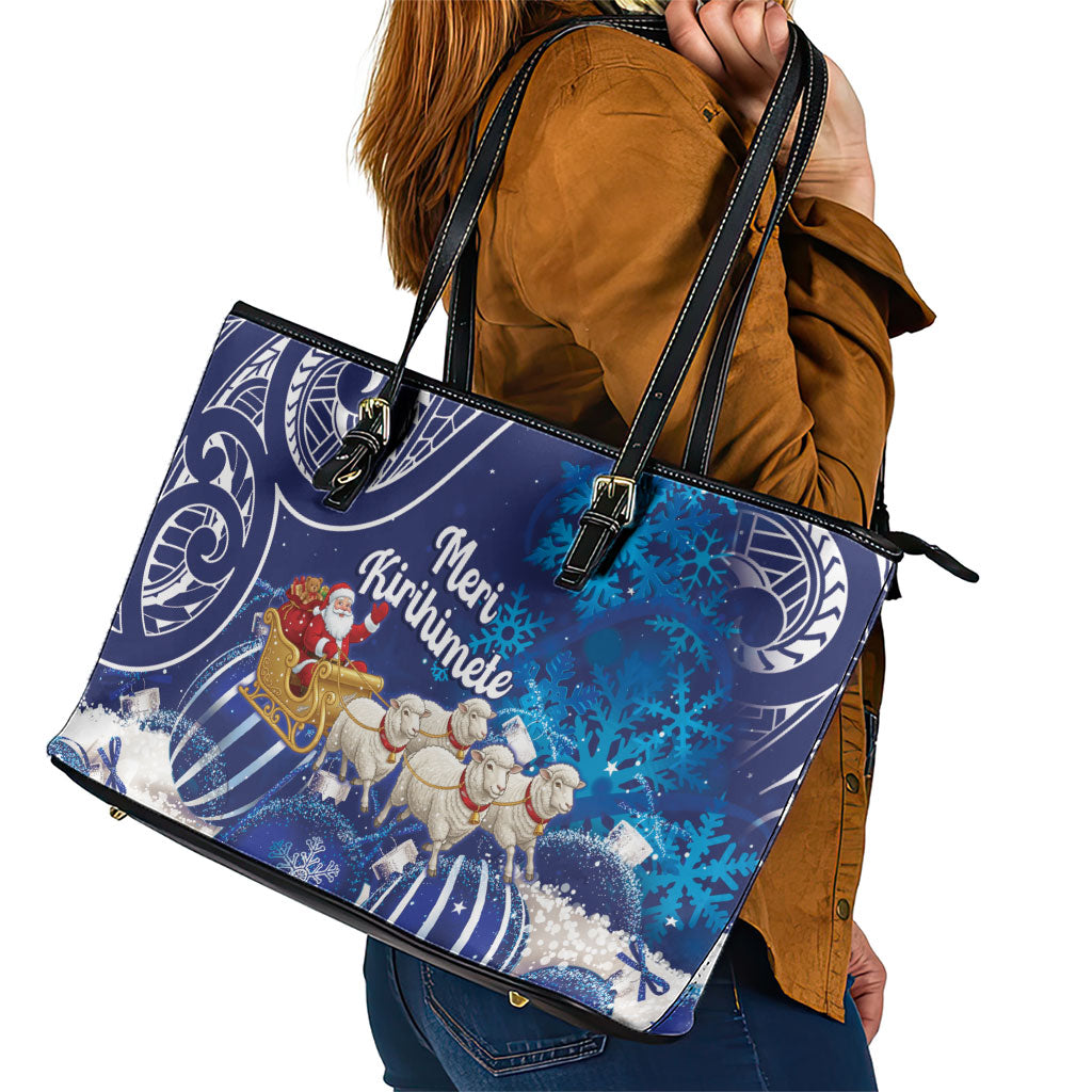 New Zealand Christmas In July Leather Tote Bag Funny Santa Sheep Meri Kirihimete Blue