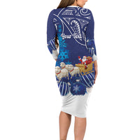 New Zealand Christmas In July Personalised Long Sleeve Bodycon Dress Funny Santa Sheep Meri Kirihimete Blue