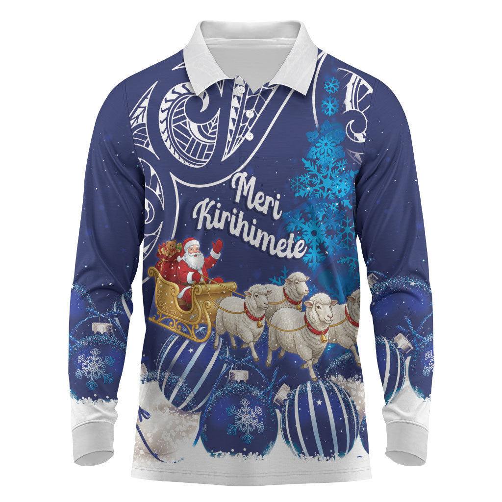 New Zealand Christmas In July Personalised Long Sleeve Polo Shirt Funny Santa Sheep Meri Kirihimete Blue