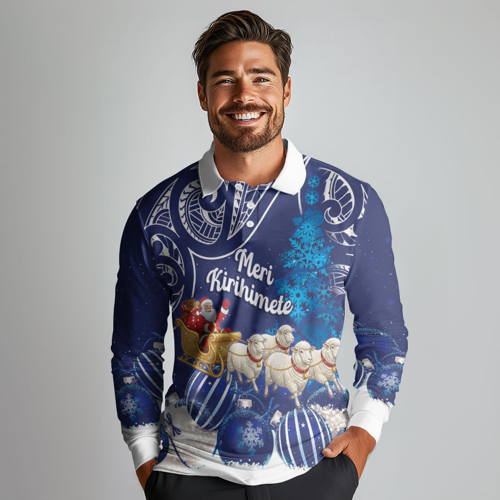 New Zealand Christmas In July Personalised Long Sleeve Polo Shirt Funny Santa Sheep Meri Kirihimete Blue