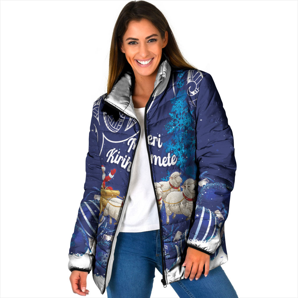 New Zealand Christmas In July Personalised Padded Jacket Funny Santa Sheep Meri Kirihimete Blue