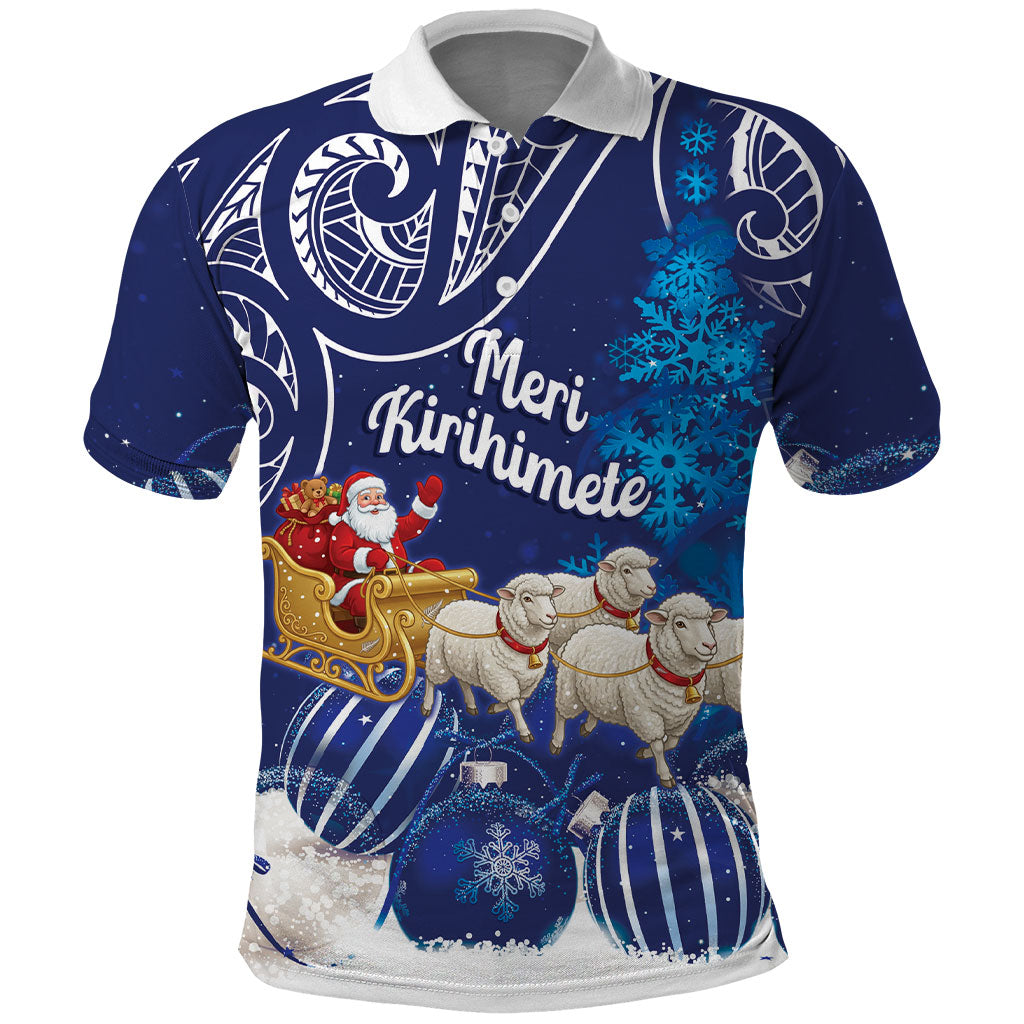 New Zealand Christmas In July Personalised Polo Shirt Funny Santa Sheep Meri Kirihimete Blue LT14 Blue - Polynesian Pride