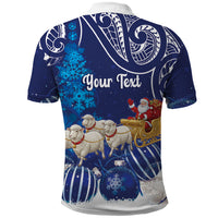 New Zealand Christmas In July Personalised Polo Shirt Funny Santa Sheep Meri Kirihimete Blue