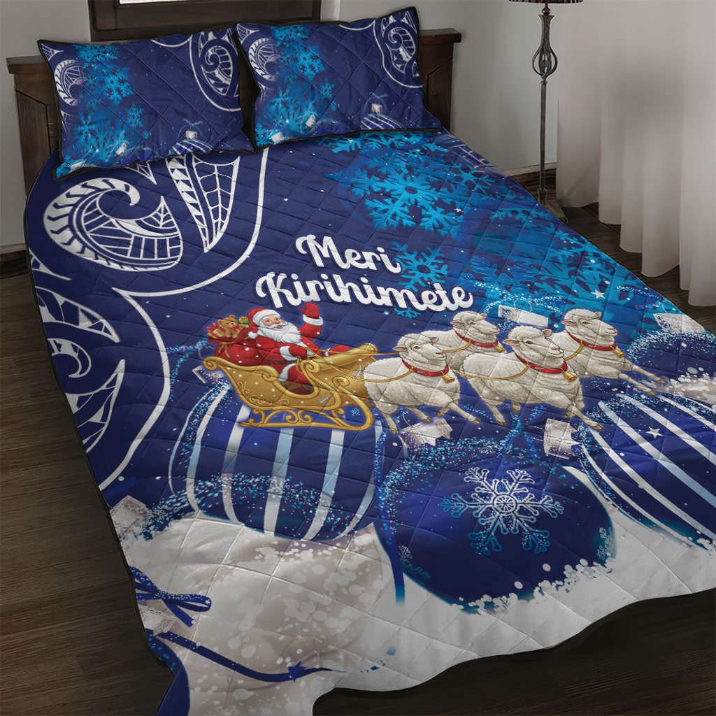 New Zealand Christmas In July Quilt Bed Set Funny Santa Sheep Meri Kirihimete Blue