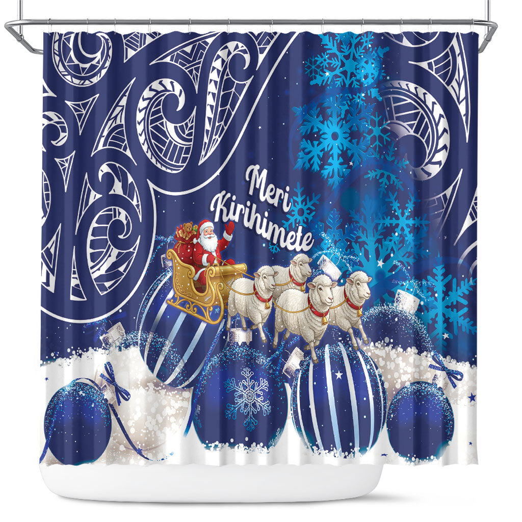 New Zealand Christmas In July Shower Curtain Funny Santa Sheep Meri Kirihimete Blue