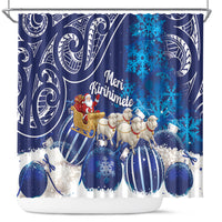 New Zealand Christmas In July Shower Curtain Funny Santa Sheep Meri Kirihimete Blue