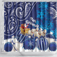 New Zealand Christmas In July Shower Curtain Funny Santa Sheep Meri Kirihimete Blue