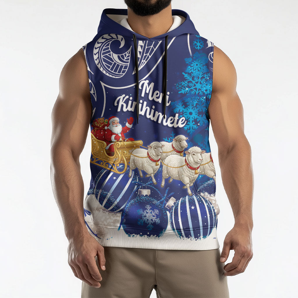 New Zealand Christmas In July Personalised Sleeveless Hoodie Funny Santa Sheep Meri Kirihimete Blue