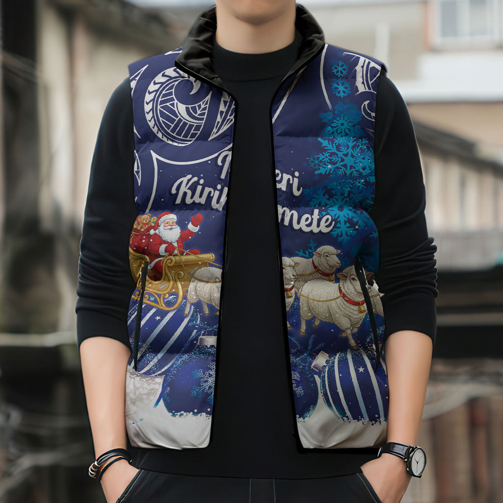 New Zealand Christmas In July Personalised Sleeveless Puffer Jacket Funny Santa Sheep Meri Kirihimete Blue