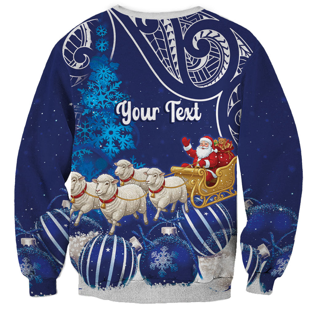 New Zealand Christmas In July Personalised Sweatshirt Funny Santa Sheep Meri Kirihimete Blue