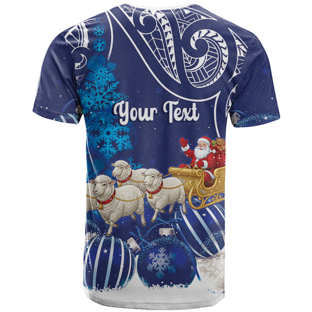 New Zealand Christmas In July Personalised T Shirt Funny Santa Sheep Meri Kirihimete Blue