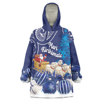 New Zealand Christmas In July Personalised Wearable Blanket Hoodie Funny Santa Sheep Meri Kirihimete Blue
